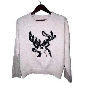 Anthropologie Deer Graphic Sweater Women Large‎ Cream Black Excellent Whimsical
